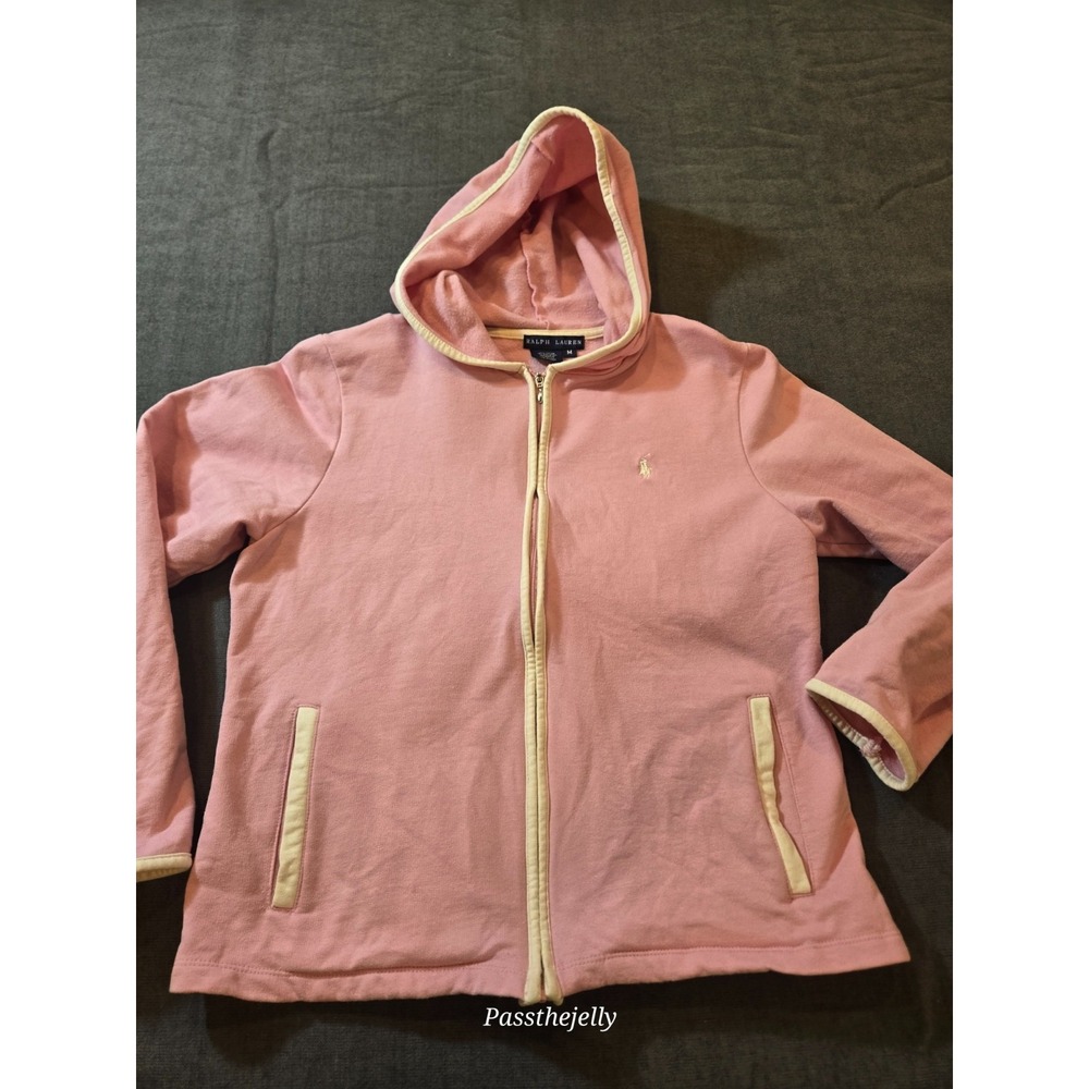 Vtg Polo Ralph Lauren Full Zip Hoodie Womens Mediun Pink Sweatshirt Pony Cropped